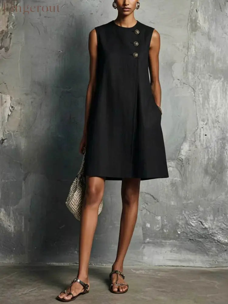 The Sculptural Button Shift Mini Dress - Black / S