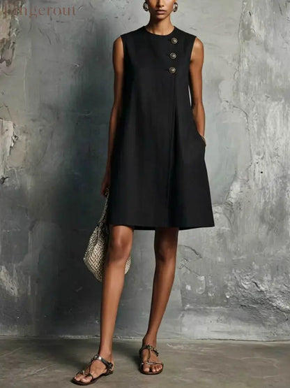 The Sculptural Button Shift Mini Dress - Black / S