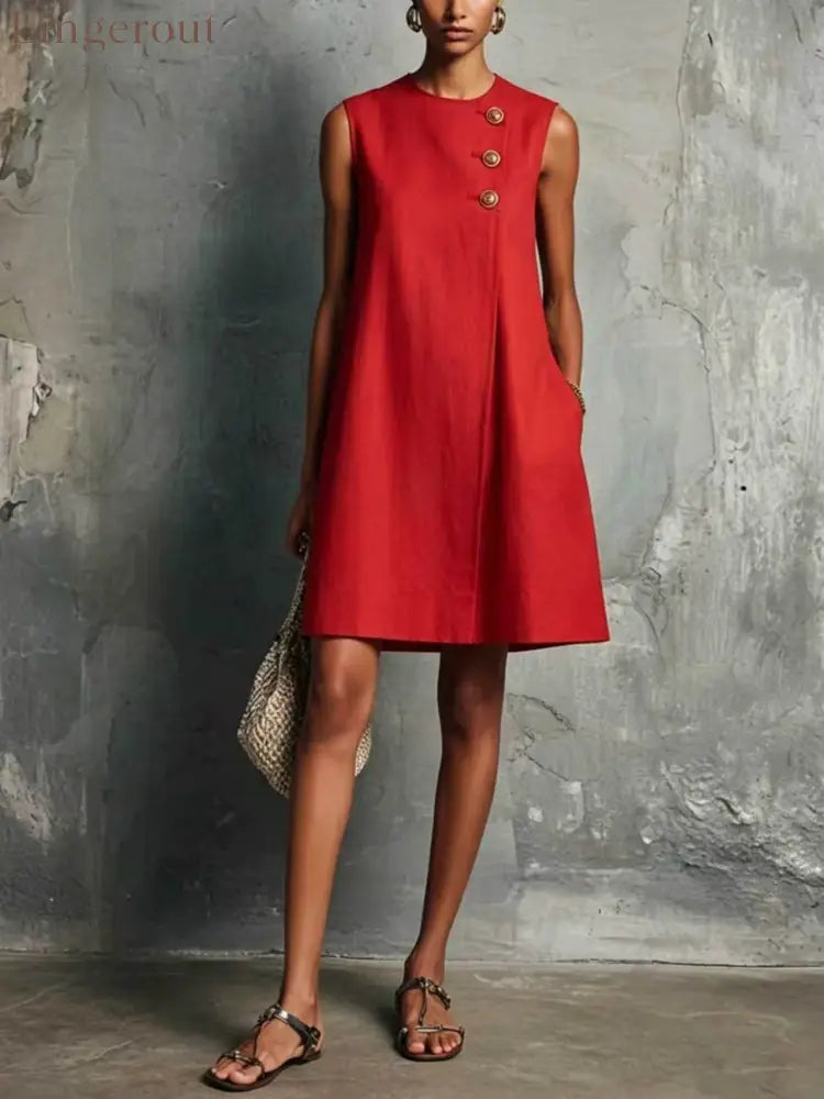 The Sculptural Button Shift Mini Dress - Red / S