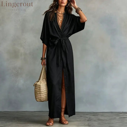 Tie Waist Split Maxi Shirt Dress
