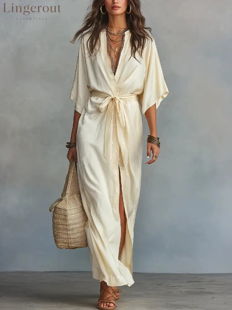 Tie Waist Split Maxi Shirt Dress - Off white / M