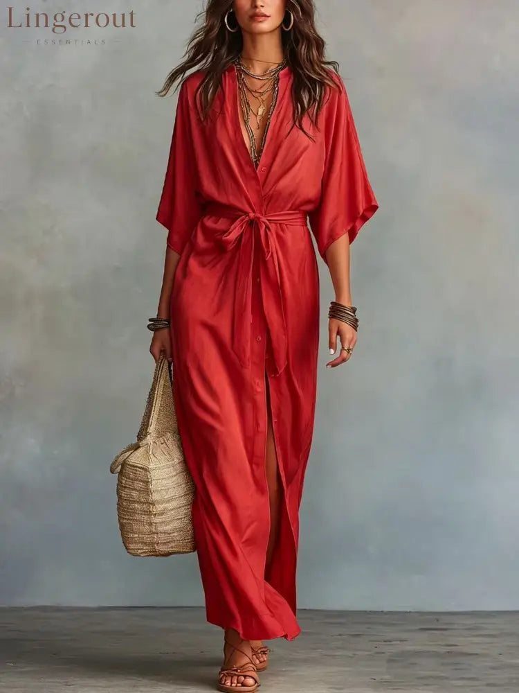 Tie Waist Split Maxi Shirt Dress - Red / M