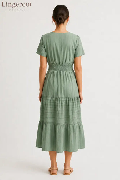Tiered Notched Short Sleeve Dress