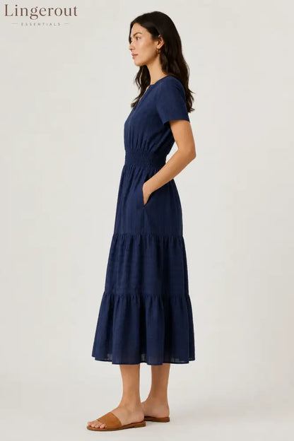 Tiered Notched Short Sleeve Dress