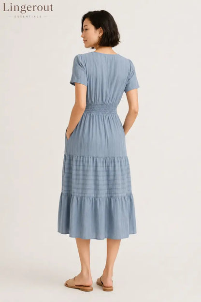 Tiered Notched Short Sleeve Dress