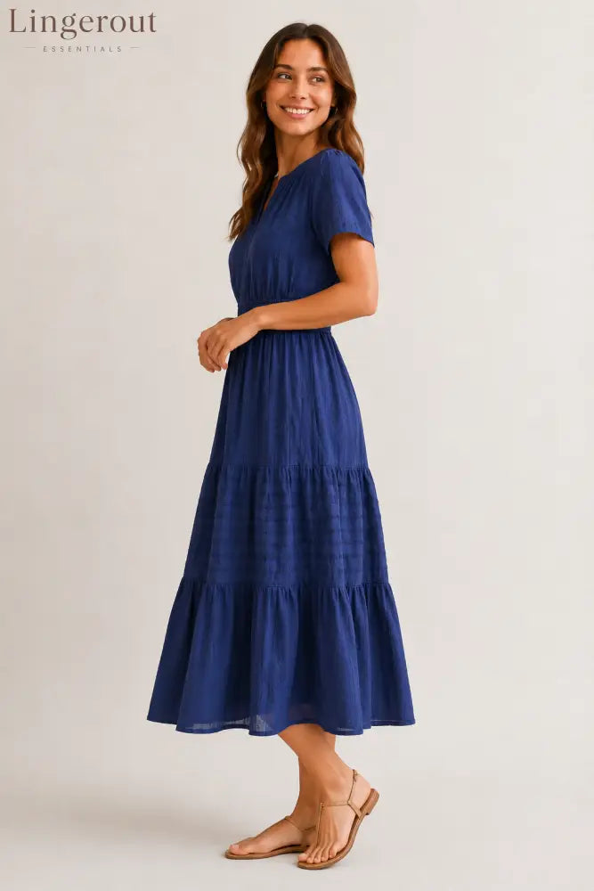 Tiered Notched Short Sleeve Dress