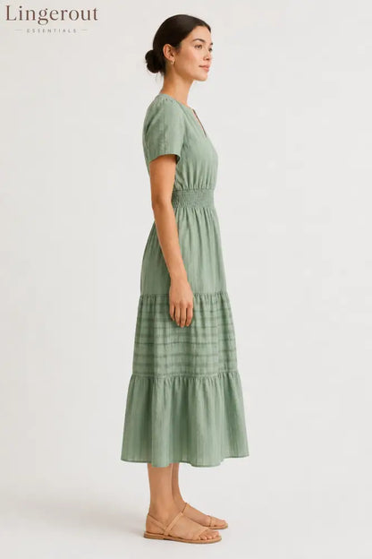 Tiered Notched Short Sleeve Dress