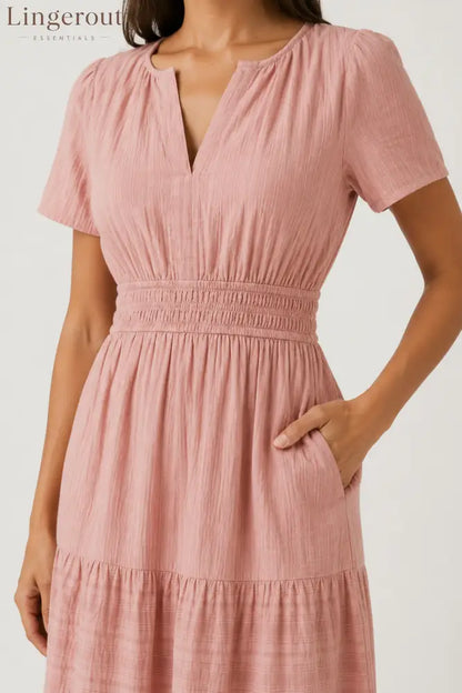 Tiered Notched Short Sleeve Dress