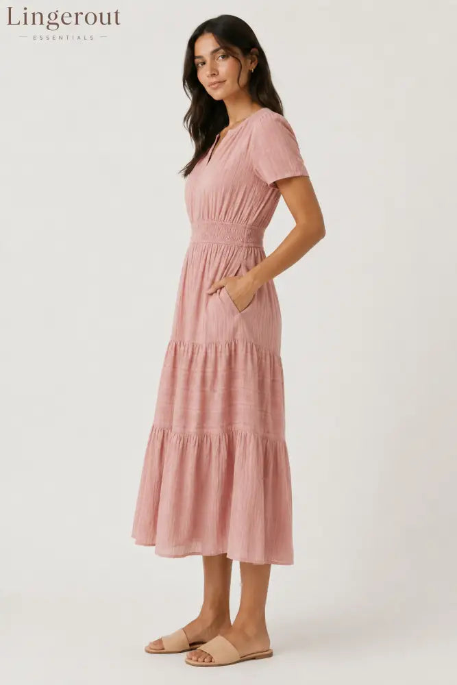 Tiered Notched Short Sleeve Dress
