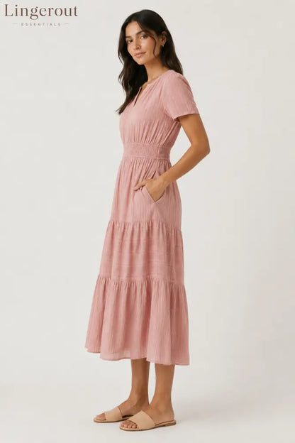 Tiered Notched Short Sleeve Dress