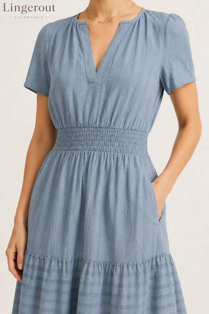Tiered Notched Short Sleeve Dress