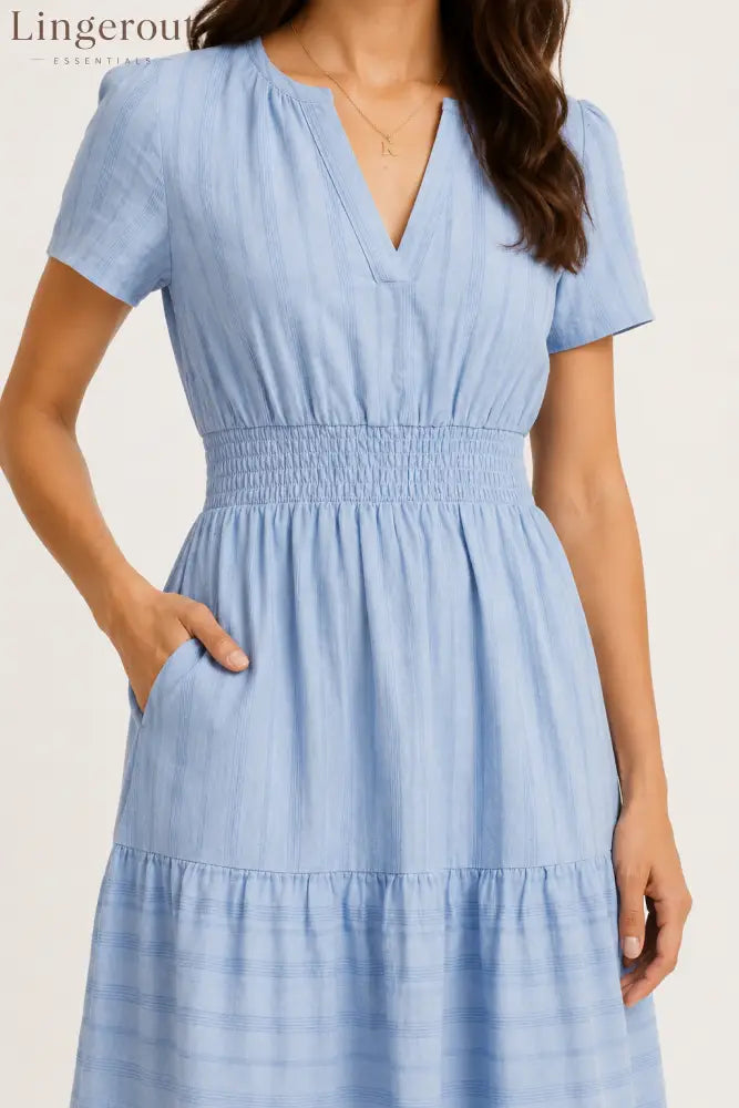 Tiered Notched Short Sleeve Dress