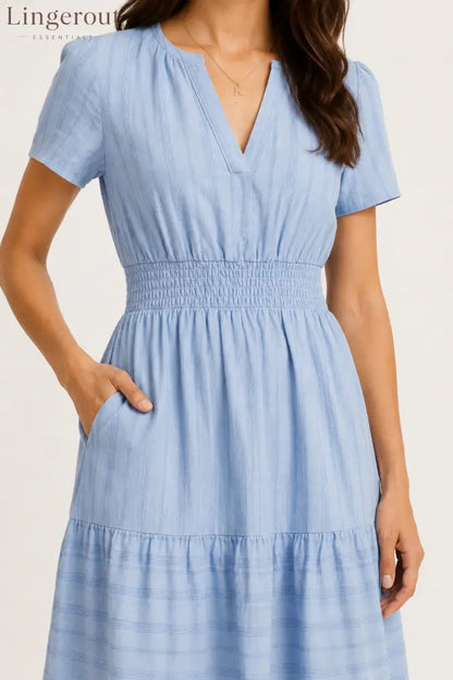 Tiered Notched Short Sleeve Dress