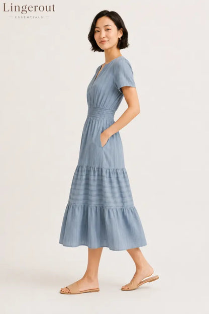 Tiered Notched Short Sleeve Dress