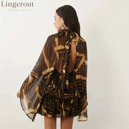 Tiger Print High‑Neck Cape‑Sleeve Tiered Chiffon Mini Dress