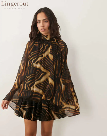 Tiger Print High‑Neck Cape‑Sleeve Tiered Chiffon Mini Dress - zebra‑striped pattern / S