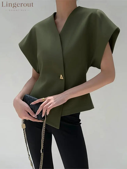 Trendy V-Neck Button Down Blouse - ArmyGreen / S