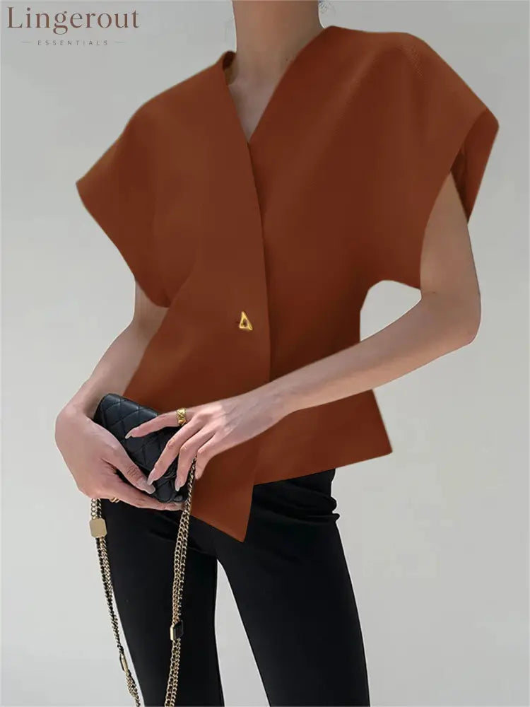 Trendy V-Neck Button Down Blouse - Brown / S