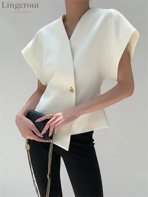Trendy V-Neck Button Down Blouse - White / S
