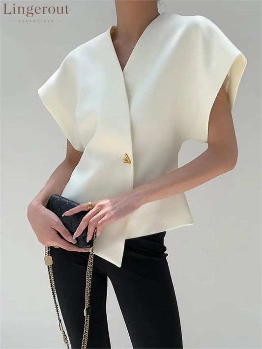 Trendy V-Neck Button Down Blouse - White / S