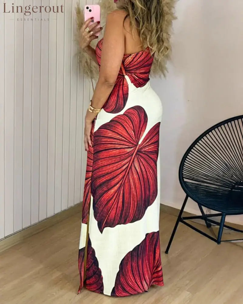 Tropical Print One Shoulder Bodycon Slit Dress Sexy Slim Fit Maxi Dress