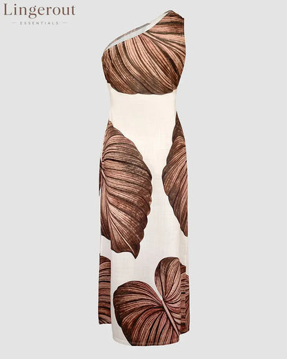 Tropical Print One Shoulder Bodycon Slit Dress Sexy Slim Fit Maxi Dress