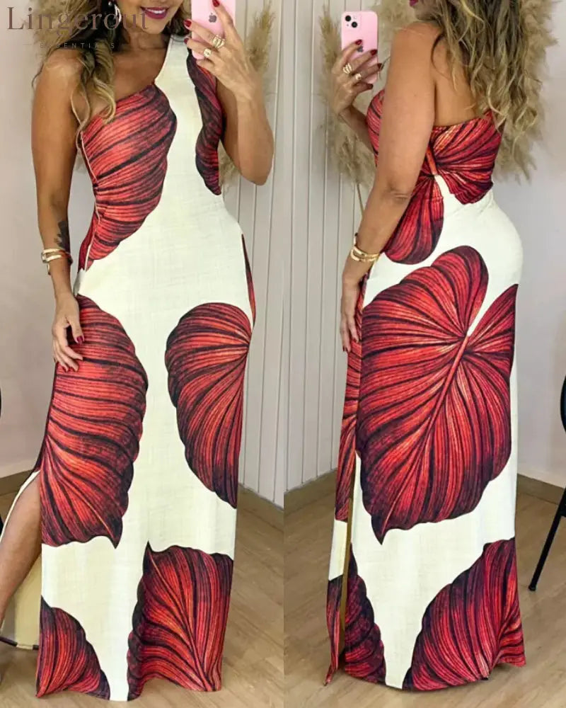 Tropical Print One Shoulder Bodycon Slit Dress Sexy Slim Fit Maxi Dress - red / S