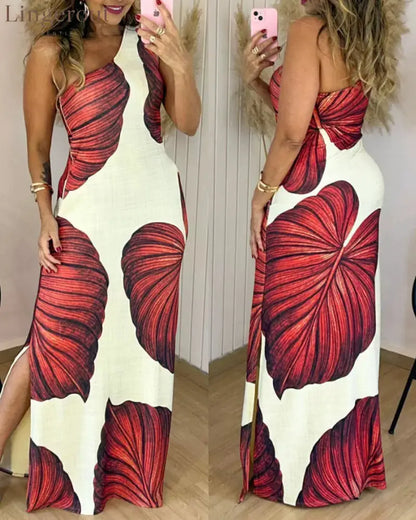 Tropical Print One Shoulder Bodycon Slit Dress Sexy Slim Fit Maxi Dress - red / S