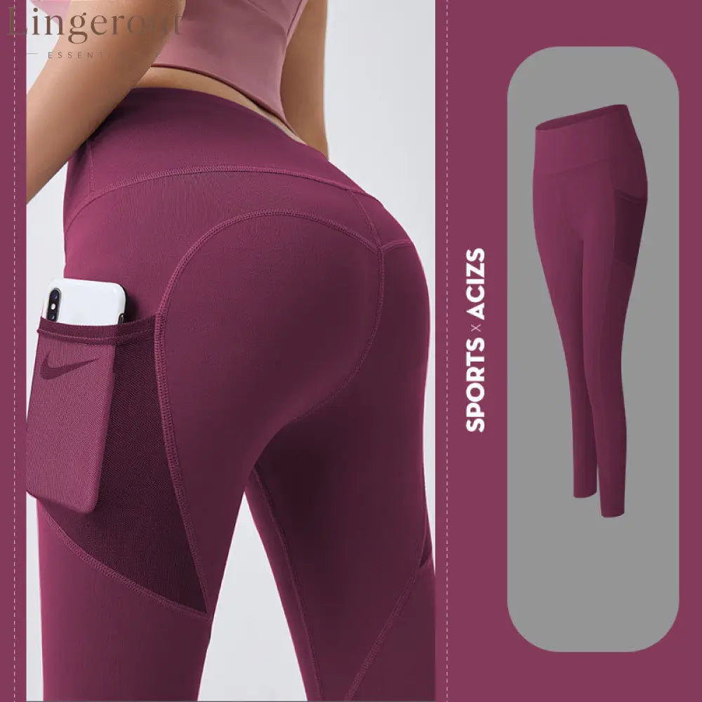 Tummy control yoga leggings with pocket - Plum / S - Fitness