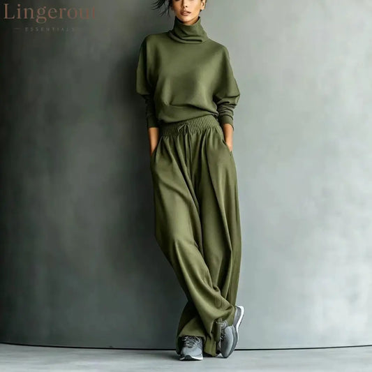 Turtleneck Oversized Knit Top & High Waist Wide Leg Pants Loungewear Set