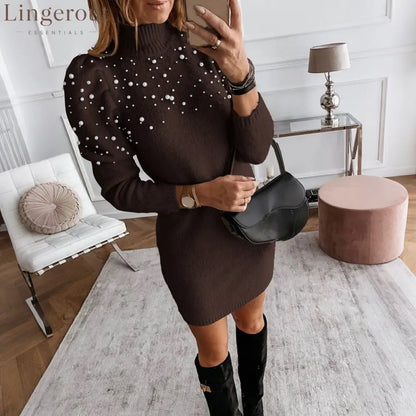 Turtleneck Pearl‑Embellished Puff‑Sleeve Knit Mini Dress