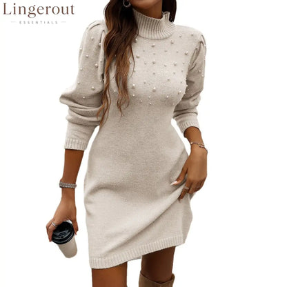 Turtleneck Pearl‑Embellished Puff‑Sleeve Knit Mini Dress