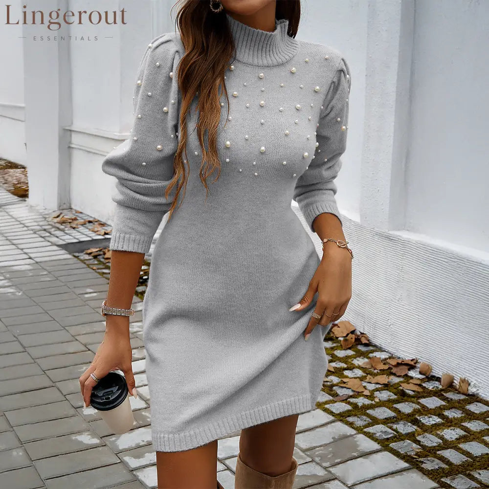 Turtleneck Pearl‑Embellished Puff‑Sleeve Knit Mini Dress - Gray / S
