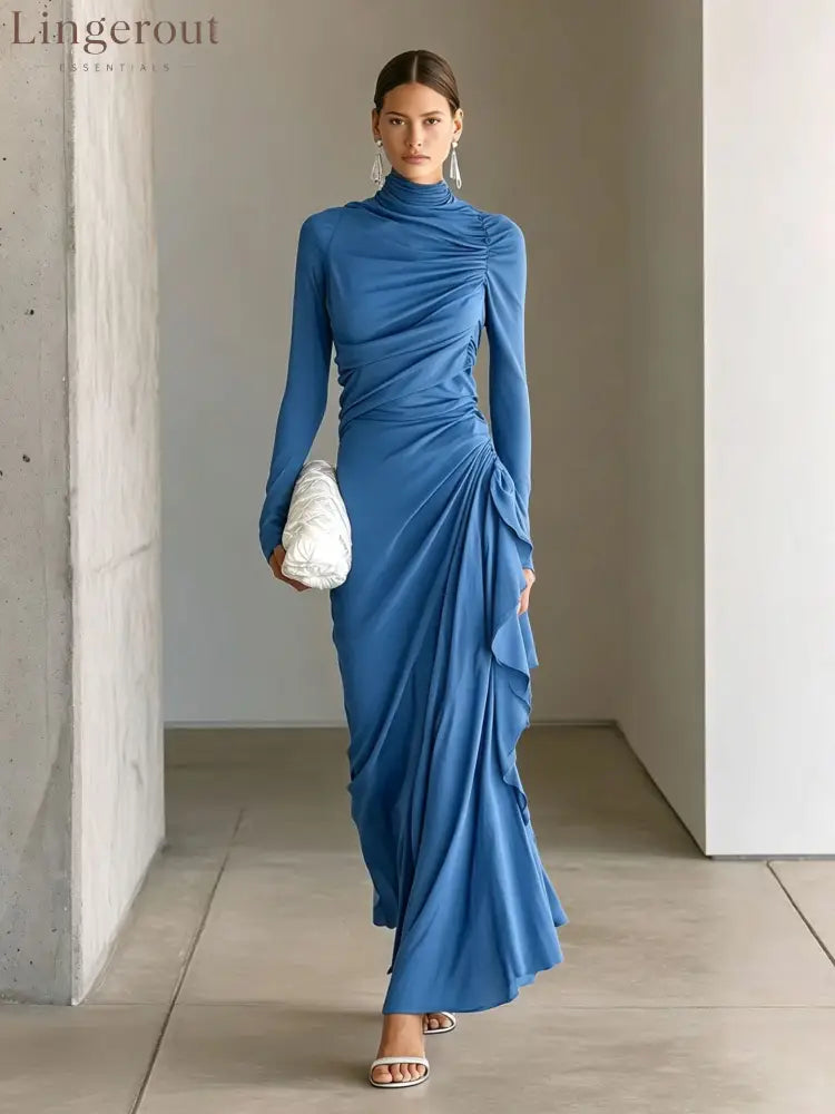Turtleneck Ruched Side‑Ruffle Long‑Sleeve Maxi Dress