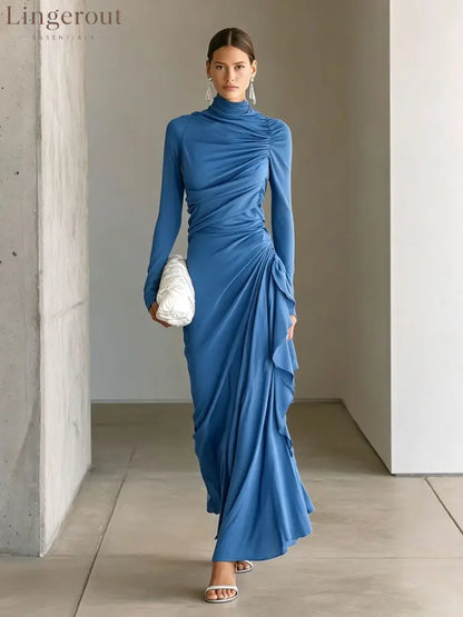 Turtleneck Ruched Side‑Ruffle Long‑Sleeve Maxi Dress