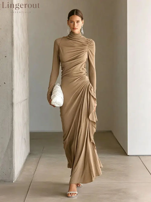 Turtleneck Ruched Side‑Ruffle Long‑Sleeve Maxi Dress