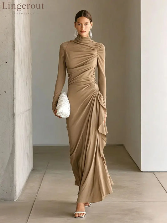 Turtleneck Ruched Side‑Ruffle Long‑Sleeve Maxi Dress