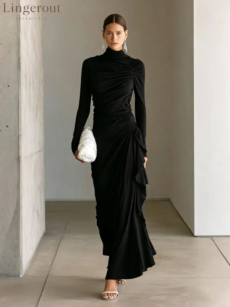 Turtleneck Ruched Side‑Ruffle Long‑Sleeve Maxi Dress - black / S
