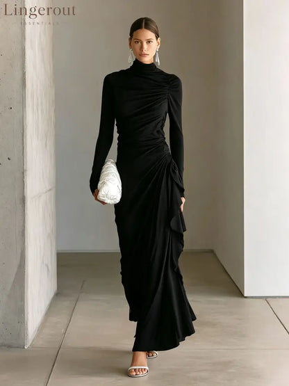 Turtleneck Ruched Side‑Ruffle Long‑Sleeve Maxi Dress - black / S