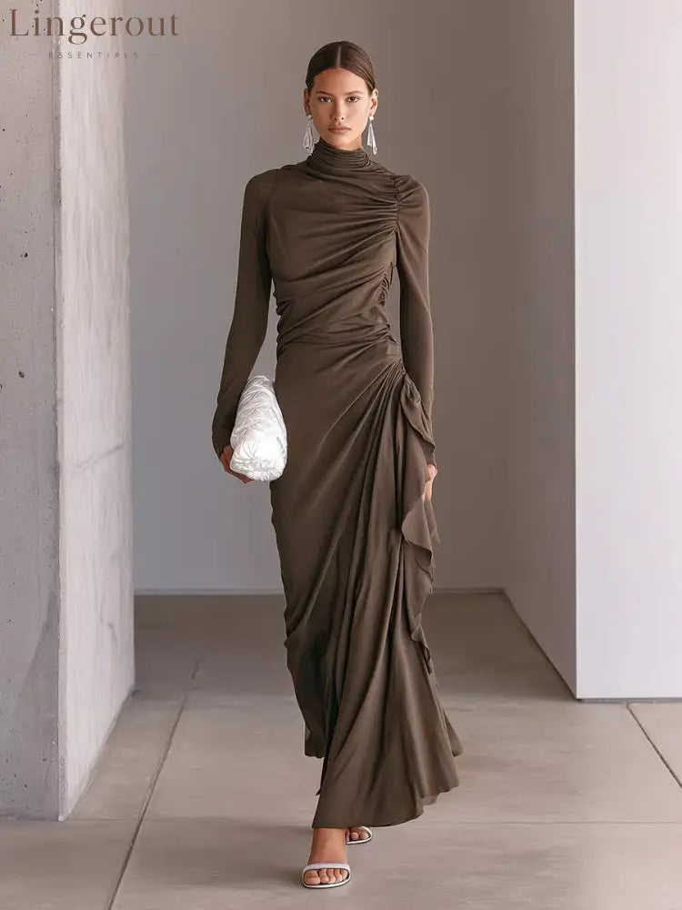 Turtleneck Ruched Side‑Ruffle Long‑Sleeve Maxi Dress - brown / S