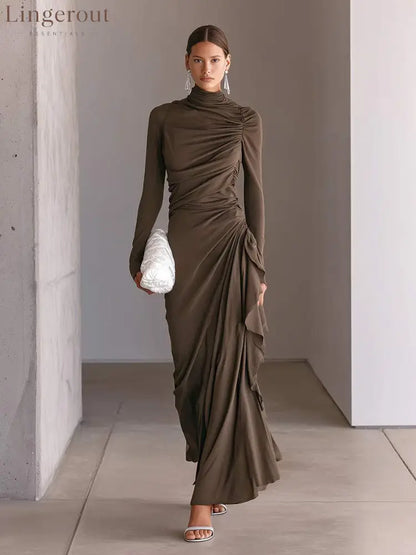 Turtleneck Ruched Side‑Ruffle Long‑Sleeve Maxi Dress - brown / S