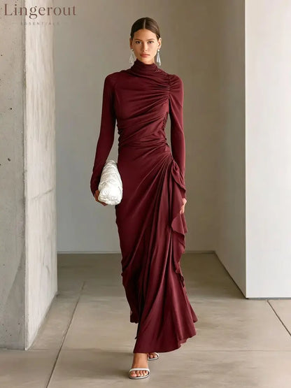 Turtleneck Ruched Side‑Ruffle Long‑Sleeve Maxi Dress - burgundy / S