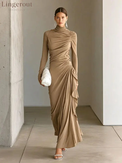 Turtleneck Ruched Side‑Ruffle Long‑Sleeve Maxi Dress - khaki / S