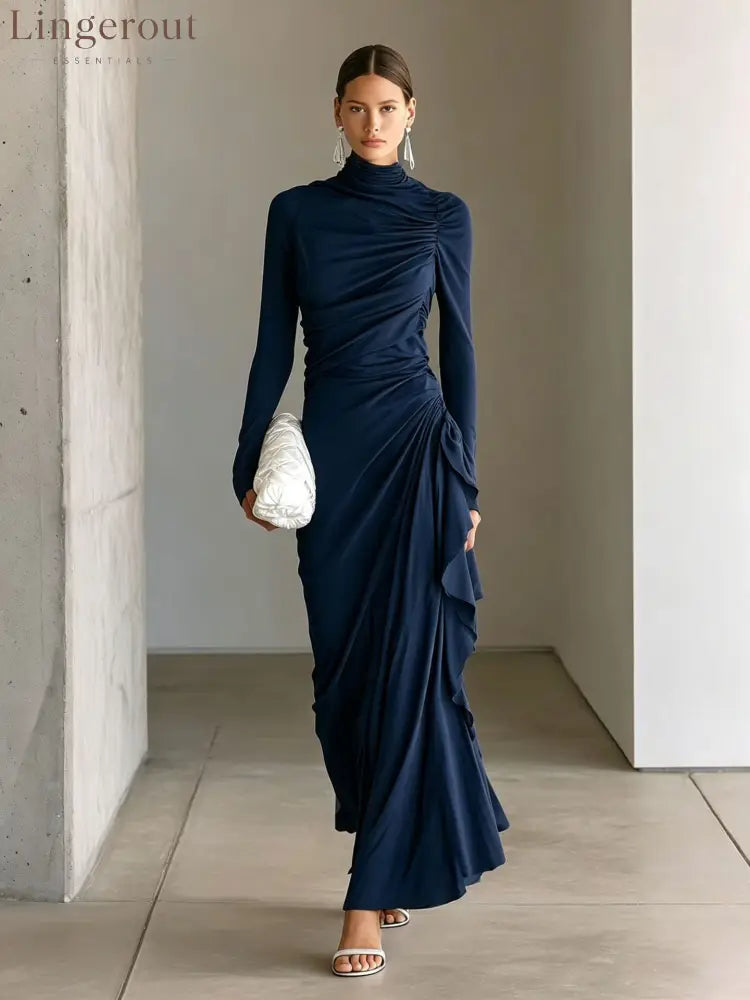 Turtleneck Ruched Side‑Ruffle Long‑Sleeve Maxi Dress - navy blue / S