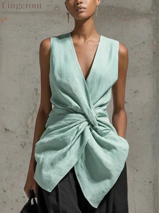Twisted-waist V-neck Sleeveless Draped Top - Mint Green / S