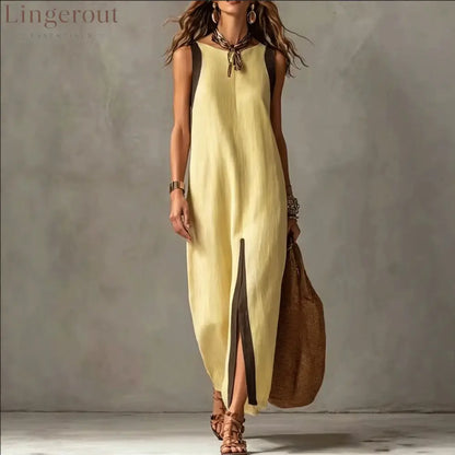 Two-Tone Color Block Sleeveless Straight Midi Dress