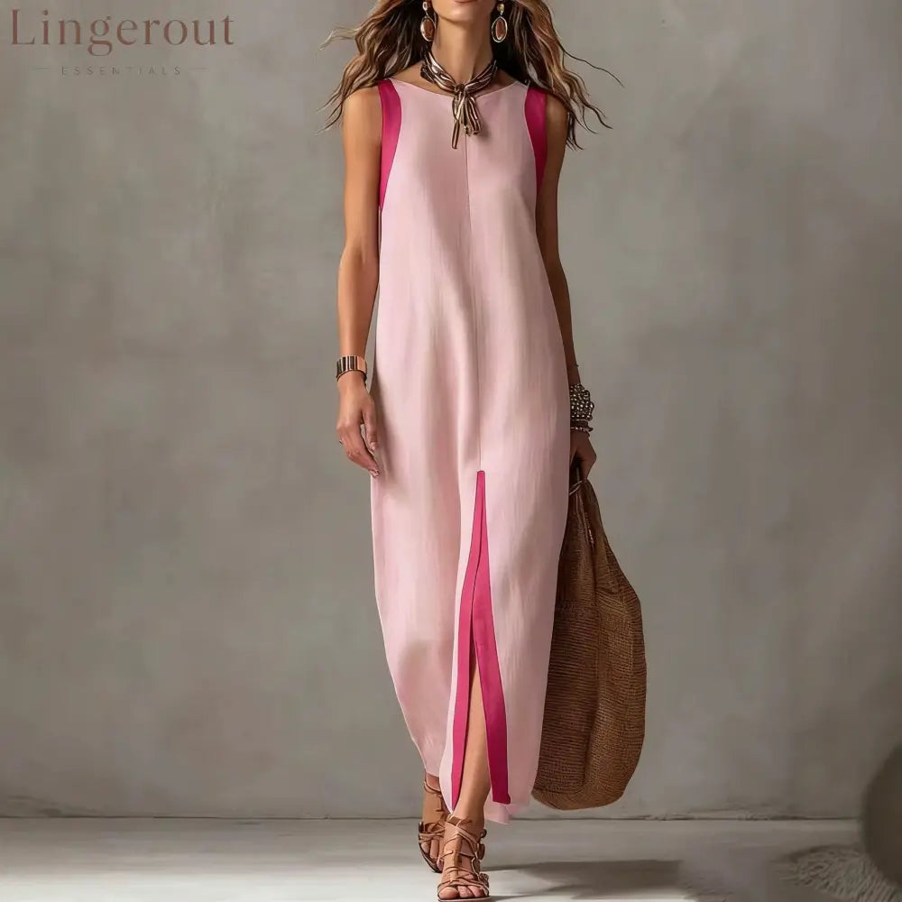 Two-Tone Color Block Sleeveless Straight Midi Dress