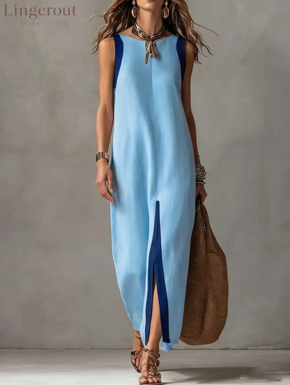 Two-Tone Color Block Sleeveless Straight Midi Dress - Blue / S