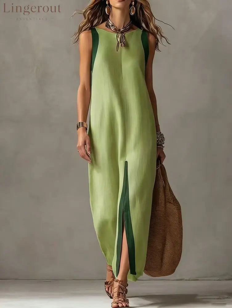Two-Tone Color Block Sleeveless Straight Midi Dress - Green / S