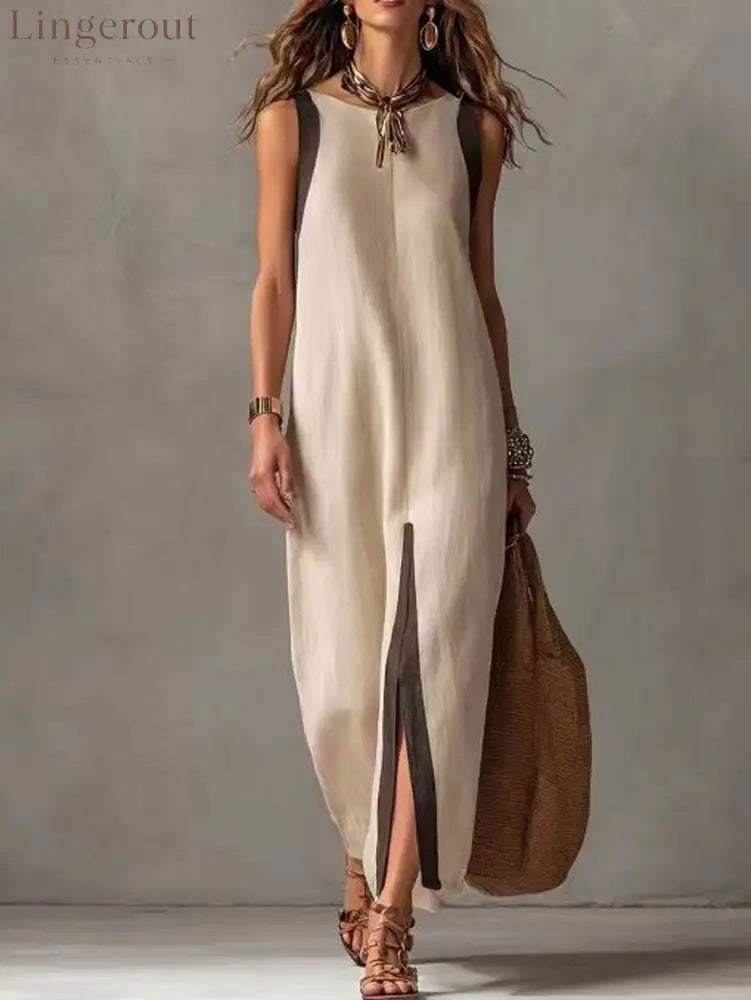 Two-Tone Color Block Sleeveless Straight Midi Dress - Khaki / S
